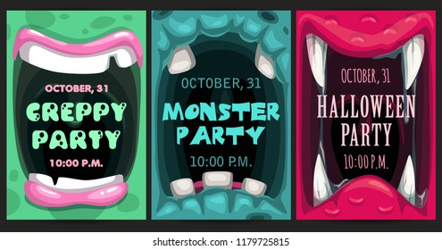 Creepy Halloween party invitation flyers. Monster mouth posters set. Vector scary illustrations set. 