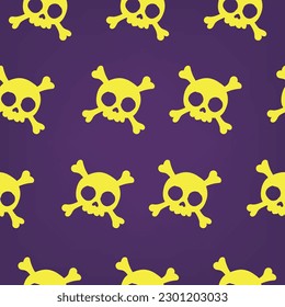 Creepy Halloween pattern with poison green skull and bones on dark purple background. 