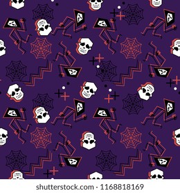 Creepy halloween pattern with skulls and spider web on popular colors for kids and teenager fashion print.