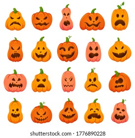 Creepy halloween pumpkins. Cartoon orange pumpkin traditional holiday decoration, scary, spooky face pumpkins vector illustration icons set. Smile halloween scary pumpkin