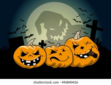 Creepy halloween pumpkins on the cemetery with moonlight ghost and bats