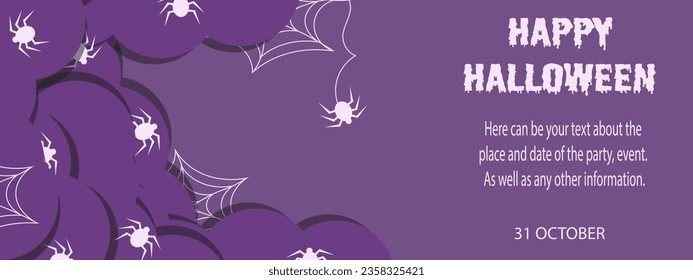 Creepy Halloween Sale banner with cartoon spider, web in cut out paper style. Design of party invitation Halloween poster, card, banner cover in trendy style. Vector illustration.