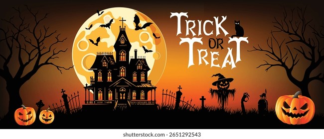 Cena de Halloween assustador com uma casa assombrada, lua cheia, morcegos, abóboras e árvores assustadoras com texto "Trick or Treat".