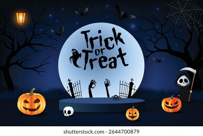 Creepy Halloween scene with full moon, podium, jack-o'-lanterns, grim reaper, graveyard, and spooky trees in dark blue night background.