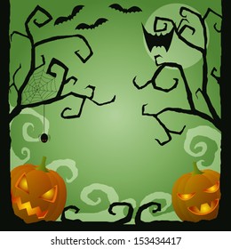 Creepy Halloween scene with pumpkins and bats