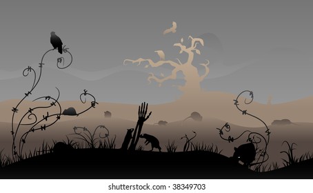 Creepy halloween scene with rats and birds.