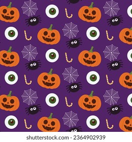 Creepy Halloween seamless pattern design with eyeball, spiderweb, pumpkin, and candy on purple background.