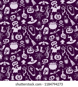 Creepy halloween seamless pattern of hand drawn halloween icons. Perfect for backgrounds, wallpapers and fabric design. Vector illustration.