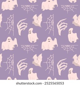 Creepy Halloween seamless pattern with hand drawn related elements. Scary ghost and spider web. Graphic print design for Halloween on dark background. Ideal for kids textile, wrapping paper