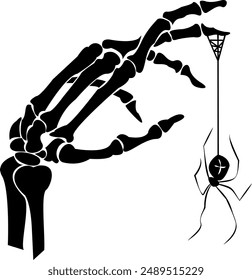 Creepy Halloween Skeleton Hand with Spider Silhouette. Gothic Artistic Decor. Treack and Treat. Scary Halloween Bone Structure.