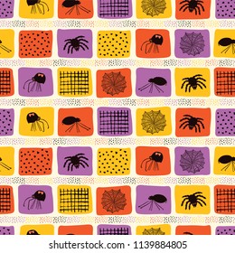 Creepy Halloween Spider Cartoon Pattern, Hand Drawn Arachnid Seamless Vector Illustration for Seasonal Fashion Prints, Spooky Stationery, Trick Treat Party Decor, Holiday Wrap , Costume Orange Purple