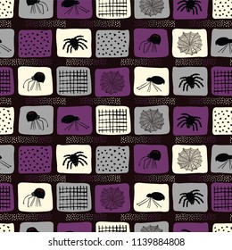 Creepy Halloween Spider Cartoon Pattern, Hand Drawn Arachnid Seamless Vector Illustration for Seasonal Fashion Prints, Spooky Stationery, Trick Treat Party Decor, Holiday Wrap , Costume Black Purple