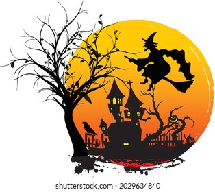 
Creepy Halloween Sun site Design with Witch Haunted House Pumpkins and Bats