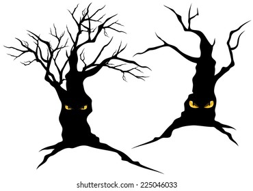 creepy halloween trees with evil eyes set - monster vector silhouettes