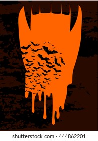 Creepy Halloween Vector Cartoon Background With Vampire Mouth Flying Bats And Dripping Blood