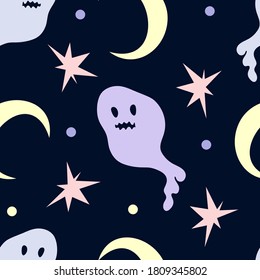 Creepy halloween vector seamless pattern with cute ghost, moon, stars and dots on dark background