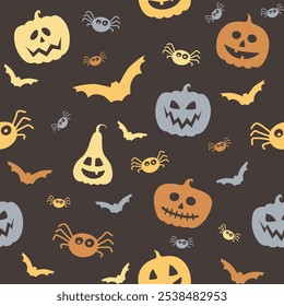 Creepy Halloween wallpaper with pumpkins, bats and spiders. Seamless pattern. Vector