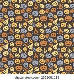 Creepy Halloween wallpaper with pumpkins. Seamless pattern. Vector