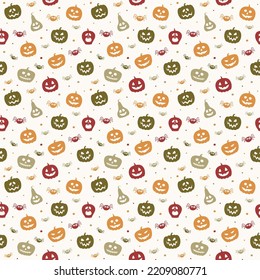 Creepy Halloween Wallpaper With Pumpkins And Spiders. Seamless Pattern. Vector