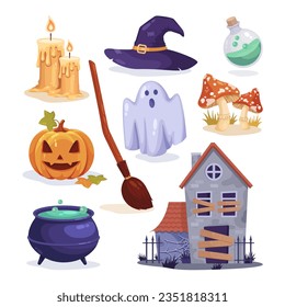 Creepy Halloween or witchcraft symbols vector illustrations set. Drawings of witch hat, broom, potion, cauldron, candle, abandoned house, comic ghost, pumpkin. Halloween, decoration concept