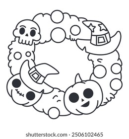 Creepy Halloween wreath coloring page book vector cartoon illustration isolated on a white background.