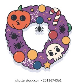 Creepy Halloween wreath vector cartoon illustration isolated on a white background.