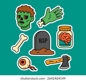 Creepy Halloween Zombie Vector Set - Brain, Tombstone, Eyeball, Axe, and Body Parts