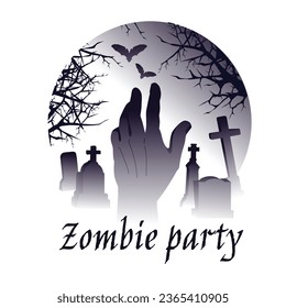 the creepy hand of a corpse from a grave in a night cemetery. Halloween postcard, poster, postcard. Gradient style. Vector illustration
