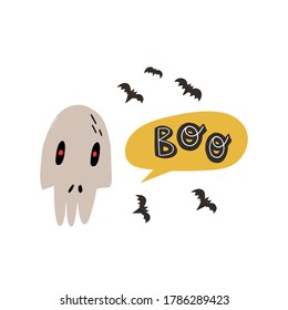 Creepy hand drawn human skull with burning red eyes and the bats fly away in horror, Boo lettering text in speech cloud. Halloween greeting banner or card design.