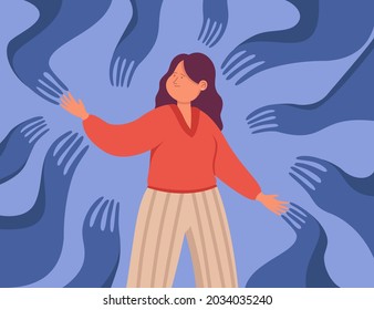 Creepy hands crawling towards female cartoon character. Woman indebted or attached to bad people, controlled by power of fear or addiction flat vector illustration. Influence, manipulation concept