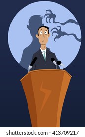 Creepy Hands Reaching For A Man, Standing On A Podium, As A Metaphor For A Fear Of Public Speaking, EPS 8 Vector Illustration, No Transparencies