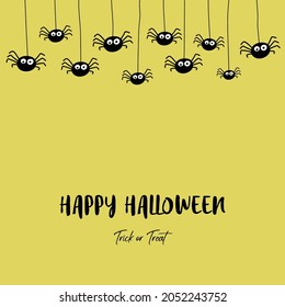 Creepy hanging spiders on background with wishes. Halloween card. Vector