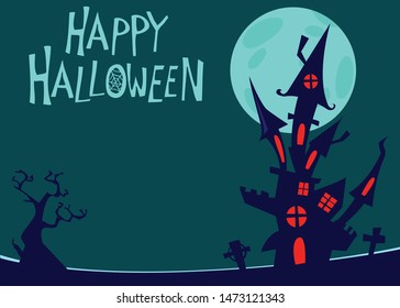 Creepy haunted castle with full moon behind. Halloween cartoon background illustration. Poster or invitation placard design for Halloween party