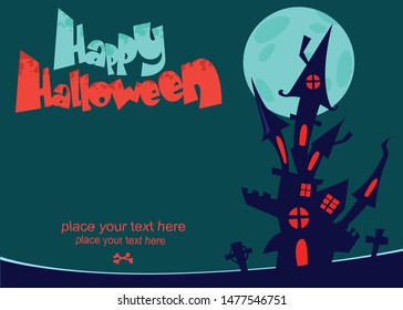 Creepy haunted castle with full moon behind. Halloween cartoon background illustration. Poster or invitation placard design for Halloween party