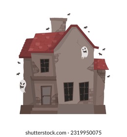 Creepy Haunted House or castle mansion Abandoned home with ghost and bat for halloween concept illustration