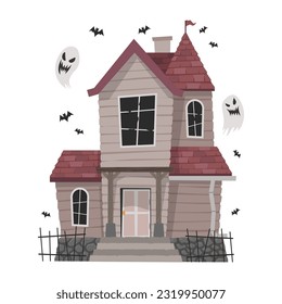 Creepy Haunted House or castle mansion Abandoned home with ghost and bat for halloween concept illustration