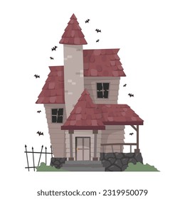 Creepy Haunted House or castle mansion Abandoned home with ghost and bat for halloween concept illustration