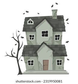 Creepy Haunted House or castle mansion Abandoned home with ghost and bat for halloween concept illustration