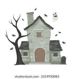 Creepy Haunted House or castle mansion Abandoned home with ghost and bat for halloween concept illustration