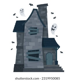 Creepy Haunted House or castle mansion Abandoned home with ghost and bat for halloween concept illustration