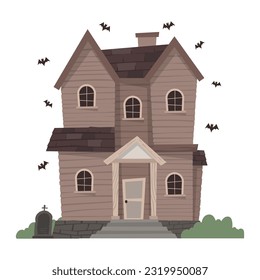 Creepy Haunted House or castle mansion Abandoned home with ghost and bat for halloween concept illustration