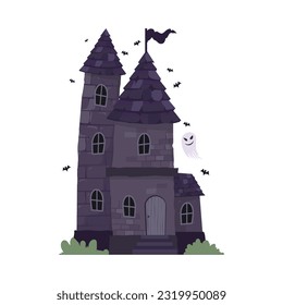 Creepy Haunted House or castle mansion Abandoned home with ghost and bat for halloween concept illustration