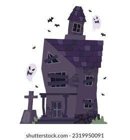 Creepy Haunted House or castle mansion Abandoned home with ghost and bat for halloween concept illustration