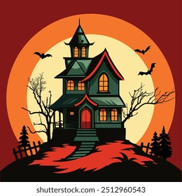 Creepy Haunted House with Full Moon Silhouette, Halloween Haunted House Silhouette with Dead Trees, Gothic Haunted Mansion Silhouette for Horror Theme.