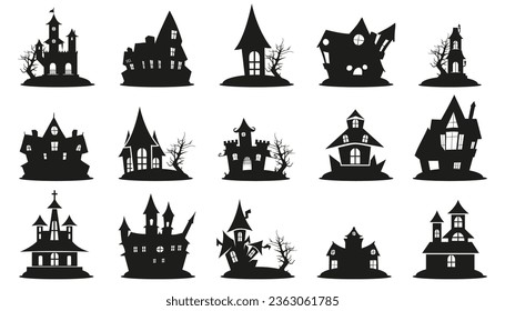 Creepy haunted house for Halloween. Scarey house silhouette. Halloween home castle icons