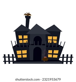 Creepy haunted house for halloween. A scary castle with windows and a roof. Old dark ruined building for ghosts. Flat vector illustration