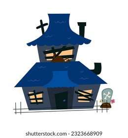 Creepy haunted house for halloween. A scary castle with windows and a roof. Old dark ruined building for ghosts. Flat vector illustration