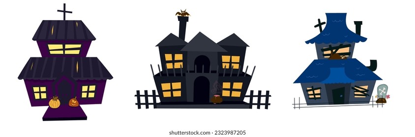 Creepy haunted house for halloween. A scary castle with windows and a roof. Old dark ruined building for ghosts. Flat vector illustration