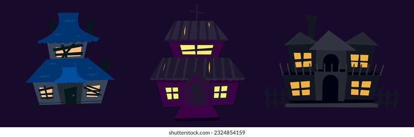 Creepy haunted house for halloween. A scary castle with windows and a roof. Old dark ruined building for ghosts. Flat vector illustration