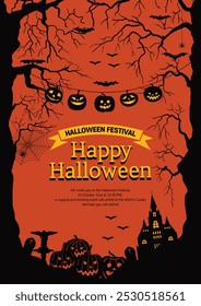 Creepy haunted house and spooky and fun Halloween night scene poster
